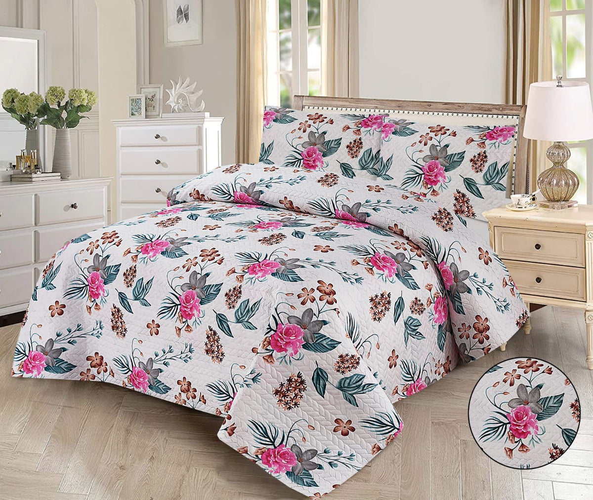 Pinky flawer- 3pcs BEDSPREAD Set  printed (Light Filling)