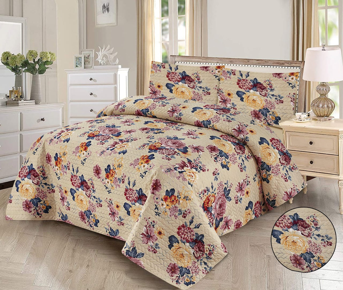 Pink flower- 3pcs BEDSPREAD Set  printed (Light Filling)